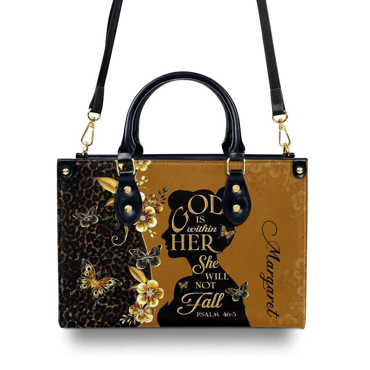 Personalized Christian Leather Handbag, God Is Within Her Psalm 46:5 Custom Name Purse, Faith Bible Verse Tote for Women BLAF28